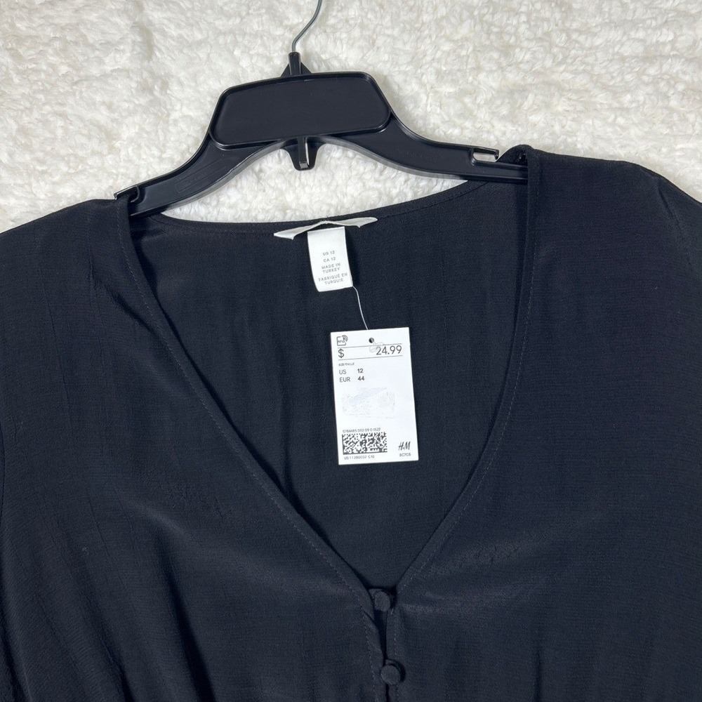 H&M Black Smocked Waist Peplum Blouse Long Sleeve Button V-Neck Top Size 12 NEW